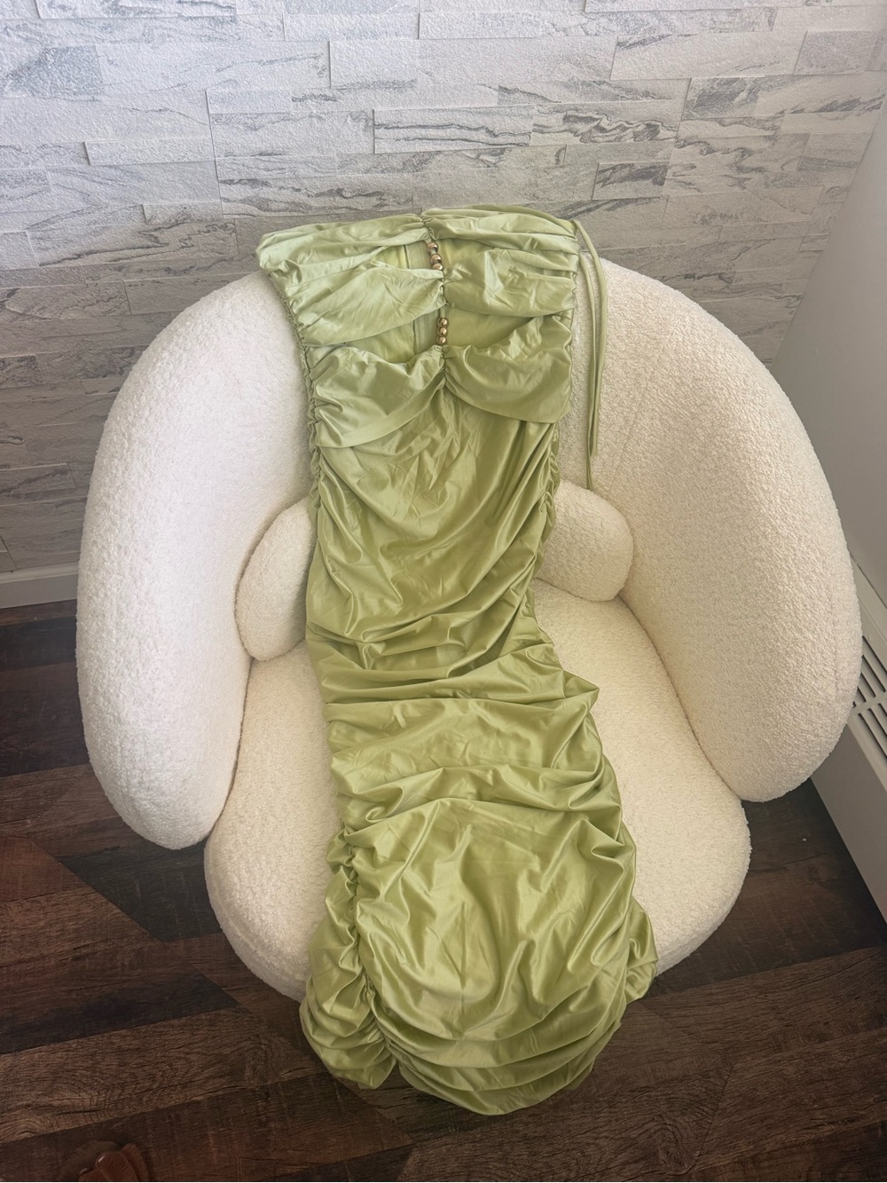 Fashion Nova Light Olive Ruched Satin Dress